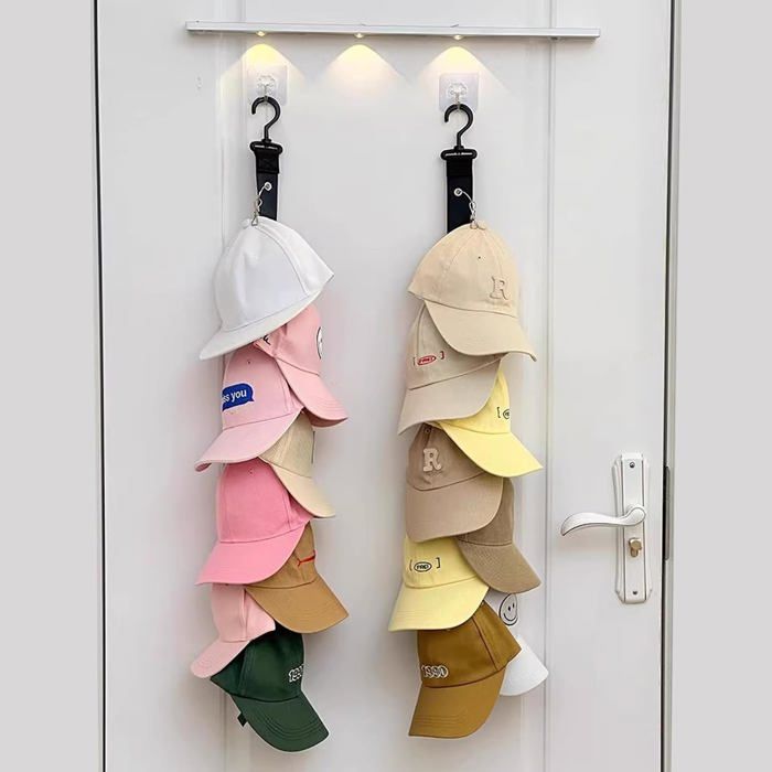 Range casquette - Porte-chapeaux suspendu mural avec pinces inox pour dressing et porte (Noir 2 pièces 16 clips)