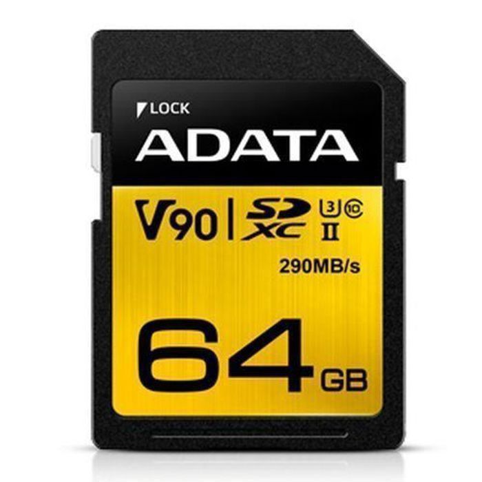 Carte mémoire ADATA Premier ONE 64GB SDXC UHS-II Classe 10 (U3) V90 vidéo Vitesse (8K) R - W 290-260 Mo - s