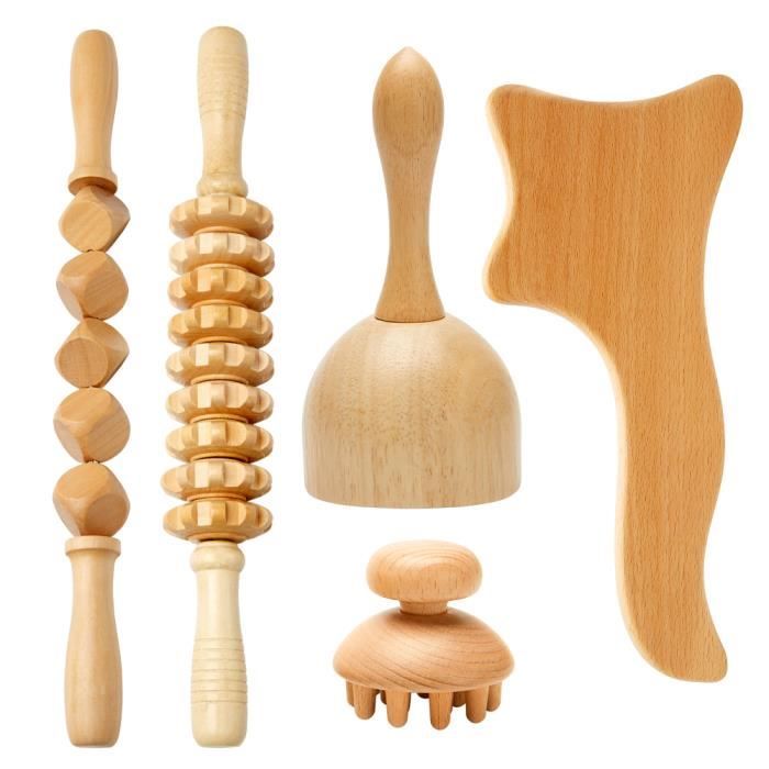 5 pièces-outils de massage thérapeutique en bois, rouleau de massage en bois, tasse gua sha, kit maderoterapi