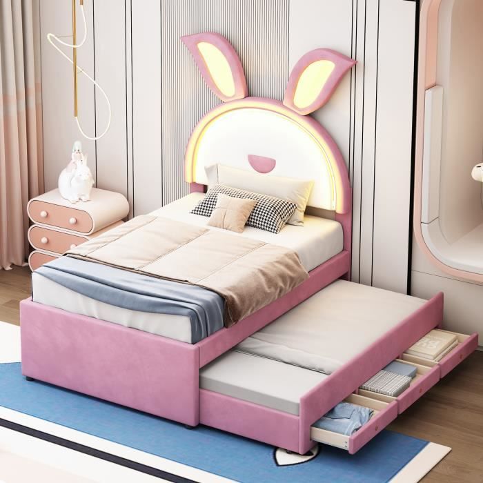 Lit Enfant Fille 90x200 Cm Avec LED – Coffre De Rangement, Sommier à Lattes, Velours Blanc Crème, Tête De Lit Design