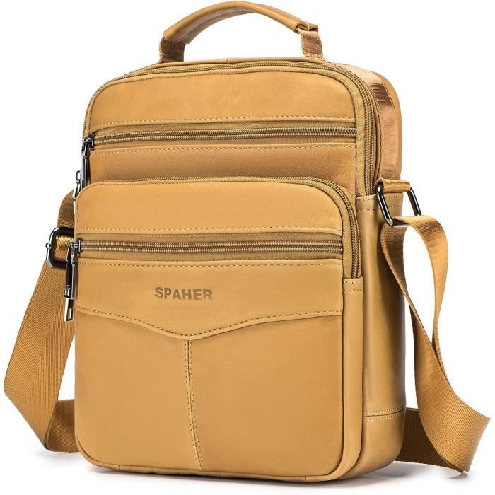 Sacoche Homme En Cuir Véritable - Besace Bandoulière - Pour IPad, Documents - Style Classique - Marron