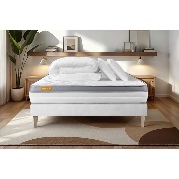 Pack matelas + sommier 140x200 Memo Zen Mousse à mémoire de forme 5 zones de confort MAXI épaisseur + Couette + 2 oreillers