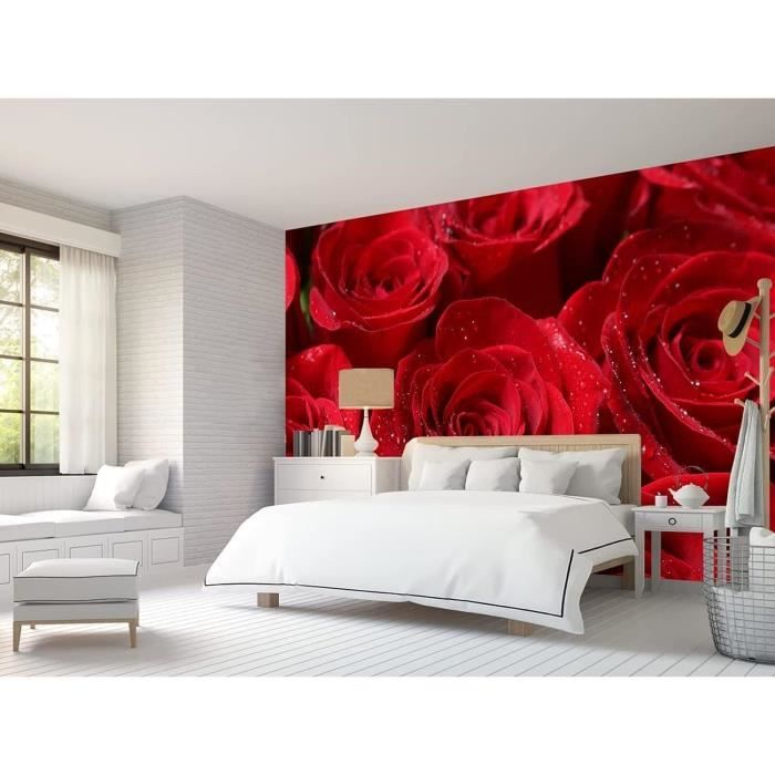 Papier Peint Panoramique 3D Fleur Rose Rouge Papier Peint Soie Décoration Murale 250x175cm ( LxH )