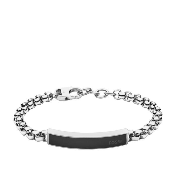 Gourmette FOSSIL en Acier Gris et Agate Noire