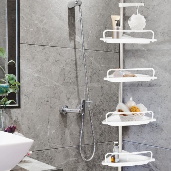 ID MARKET - Etagère d'angle de douche télescopique chromée 4 tablettes blanches