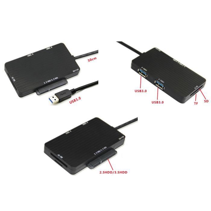 Convertisseur SATA (15+7 points) vers USB 3.0 Avec HUB USB 3.0 et lecteur de cartes SD
