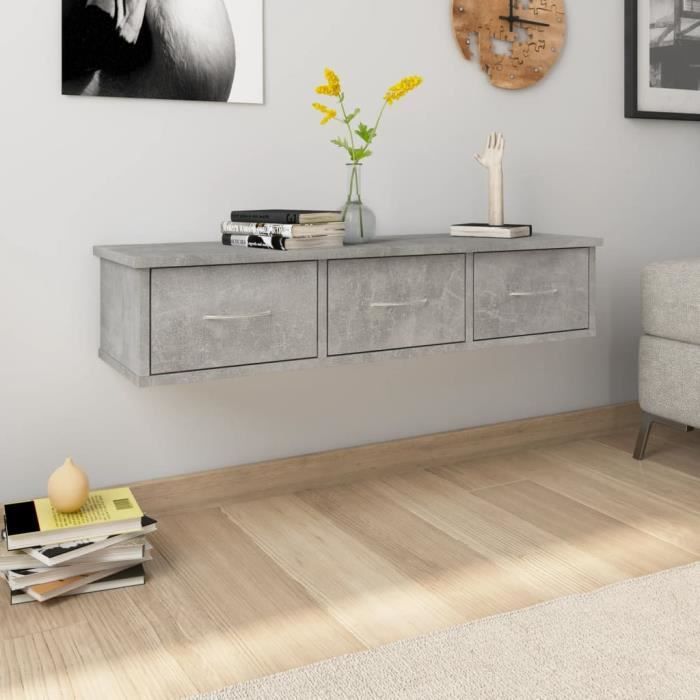 Étagère murale - MOTHINESSTO - LY2526 - Gris béton - 3 tiroirs - 88x26x18 5 cm