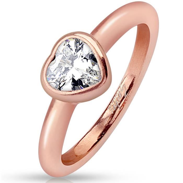 bague anneau femme en acier inoxydable cuivré avec coeur en zircon - mixte - argenté - taille 52