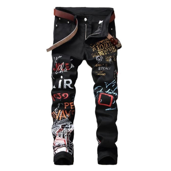 Jeans Fashion Homme Slim Fit Imprime 5 Poches Jean Stretch Tendance Effet Delave Noir Noir Cdiscount Pret a Porter