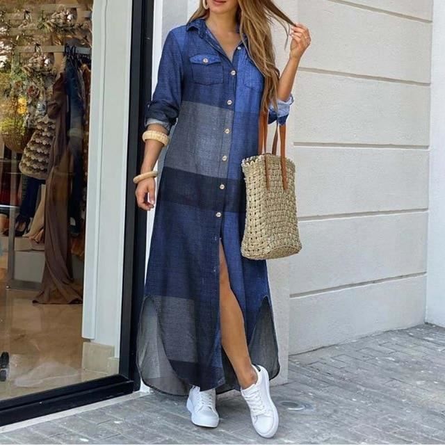 Robe Femmes elegant longue chemise robe a manches longues bouton vers le bas automne robe de soiree en vrac femme Type Blue Blanc Cdiscount Pret a Porter