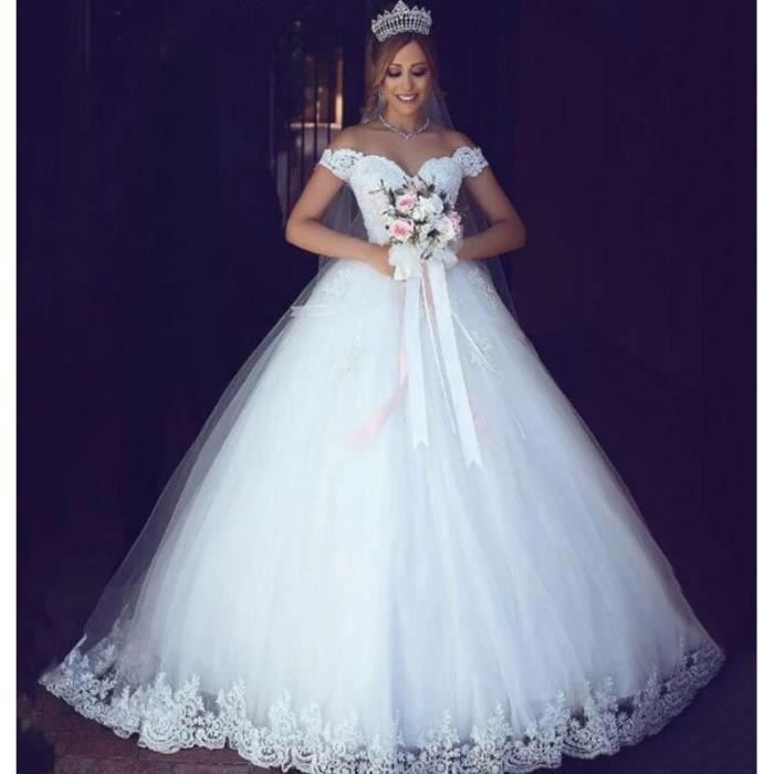 GRMTCOLT Dentelle Appliques Tenue de Bal Epaules Denudees Manches Courtes Pure Blanc Robes de Mariees Pure Blanc Cdiscount Pret a Porter