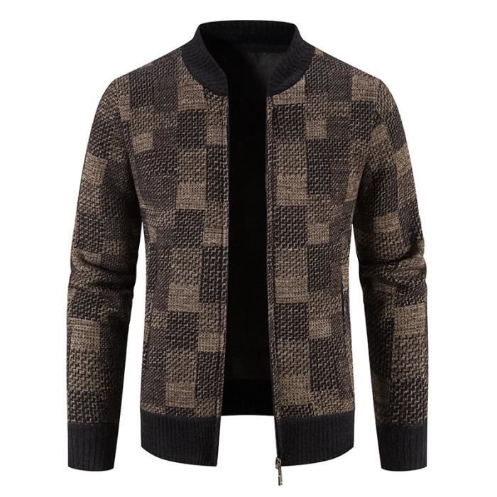 Gilet Zippe en Tricot Homme Doubl?� Polaire Automne Hiver Cardigan Carreaux Chaud Epais Col 