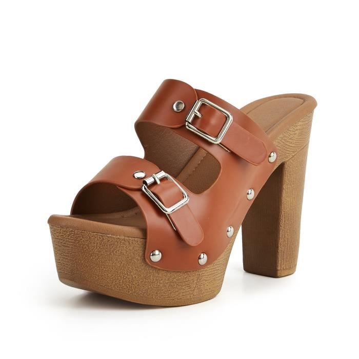 Sandales Compensées Femme Mules Talons Hauts - Bout Ouvert, Semelle épaisse Confortable, Style Décontracté Chic - Couleur Unie, Cuir Souple
