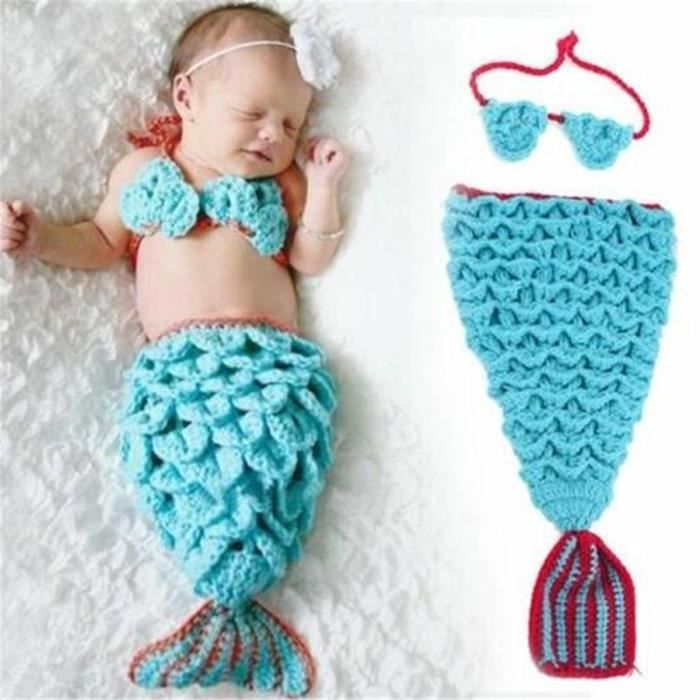 Sirene Enfants Chapeau Pour Fille Casquettes Corsage 2 Pcs Ensemble Tricote Bebe Fille Chapeau Crochet Nouveau Ne Photographie Acces Bleu Cdiscount Pret A Porter
