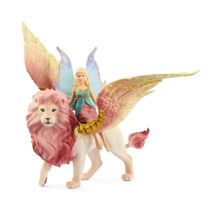 Figurine Elfe sur lion ailé, Figurine fée détachable chevauchant un lion rose magique avec des parti