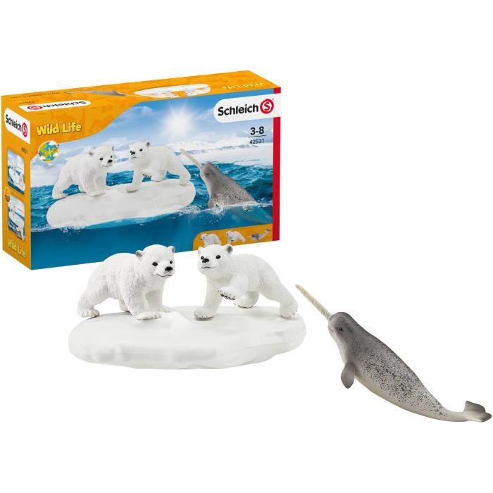 figurines glissade des ours polaires, coffret schleich avec 2 figurines oursons et 1 figurine de narval, pour enfants dès 3 ans,
