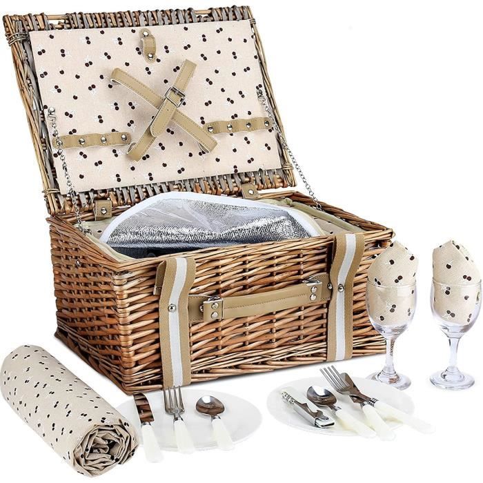 Panier Pique-nique Osier 4 Personnes - Set Complet Avec Vaisselle Et Tapis Imperméable