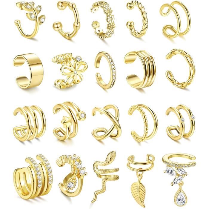 18 Pièces Manchettes D'oreille Clips - Serpent, Cœur, Feuille, Sans Perçage, Réglables, Pour Femmes