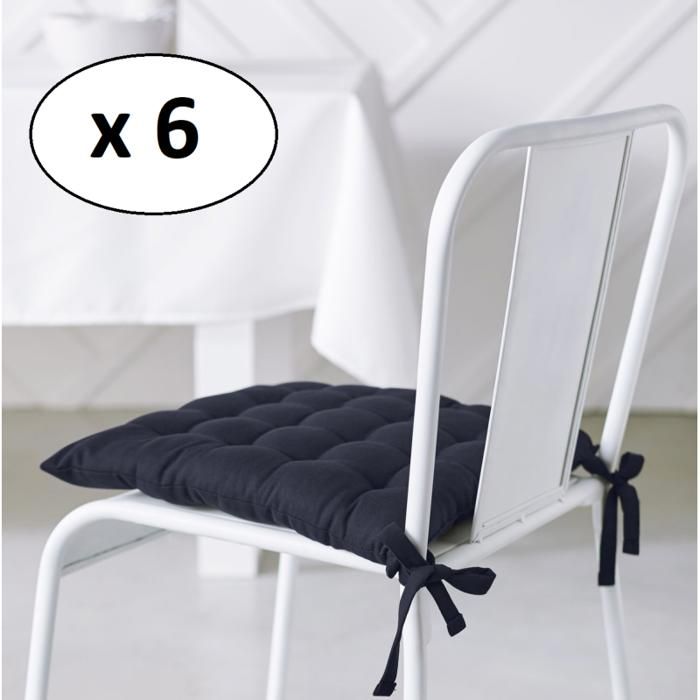 Lot de 6 galettes de chaise matelassées en coton bleu marine 38 x 38 cm