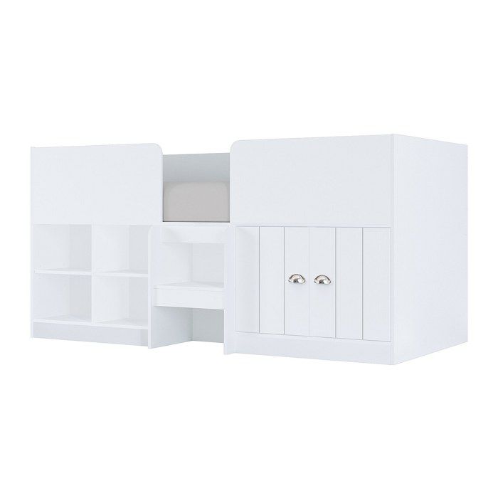 Lit mi-hauteur 90 x 190 cm avec rangements - Coloris : Blanc - BOUTANIO