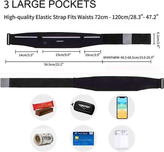 Ceinture De Course étanche TBUQNZA – Sac De Taille Avec Porte-téléphone, élastique, Taille 65-110 Cm