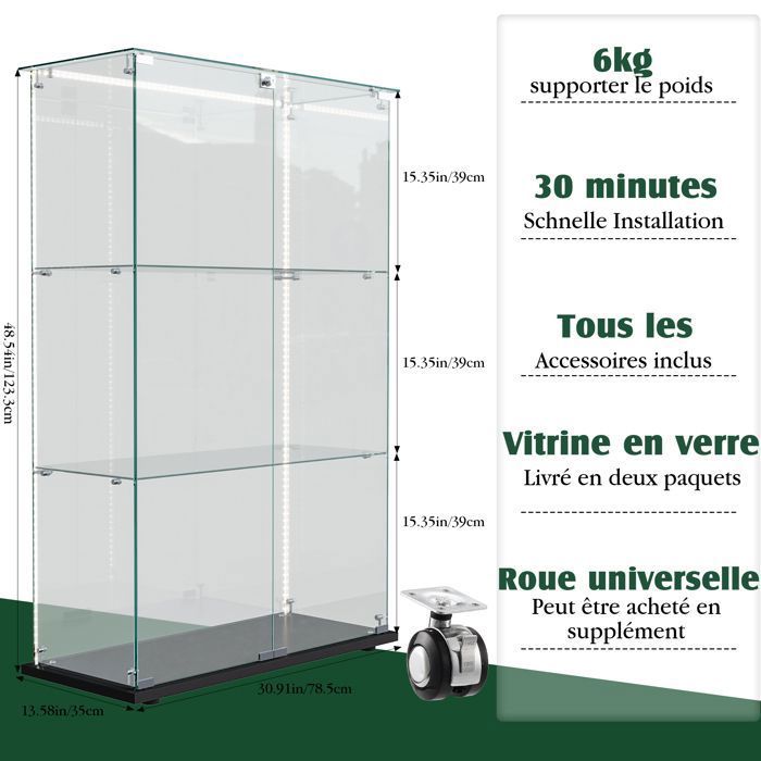 Vitrine en verre trempé noir,meuble de collection transparent avec 2 ...