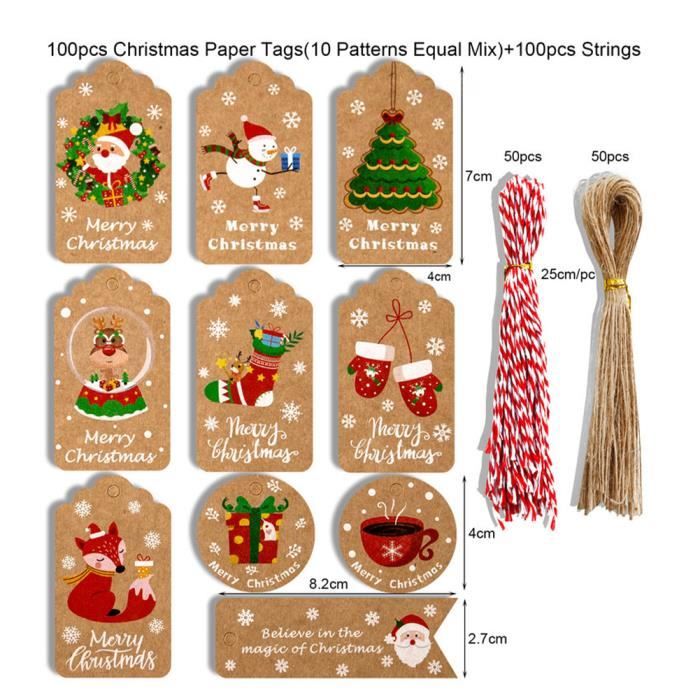 Étiquette adhésive motifs de Noël blancs, étiquette cadeaux kraft brun