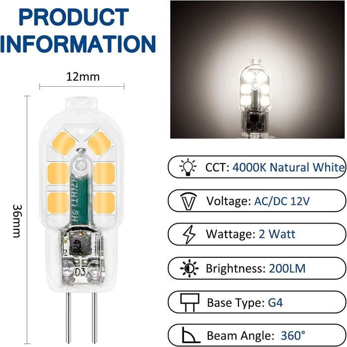 Ampoule G4 LED 12V 2W Blanc Neutre 4000K, 200LM, équivalent Lampe Halogène  G4 10W 20W, non-dimmable, AC DC G4 12V LED 4000K pour46 - Cdiscount Maison
