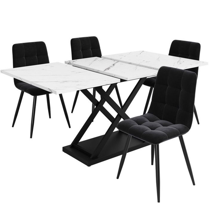LafeuR Ensemble Salle à Manger 5 Pièces Table + 4 Chaises Marbre Blanc Cadre Noir