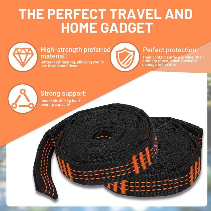 Sangle De Suspension Pour Hamac Et Balançoire - Longueur 2m, Charge 900 Kg, Avec Mousquetons Et Protection Arbre - Kit Complet Avec Sac De Rangement