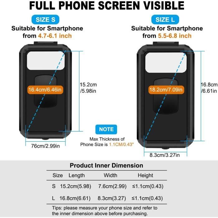HNOOM Support Téléphone Vélo Etanche Universel Support Telephone Moto 360°Rotation  Anti-Vibrations Support Smartphone Velo avec Écran Tactile pour 5,5-6,8  Pouces Smartphones (L, Noir) : : High-Tech