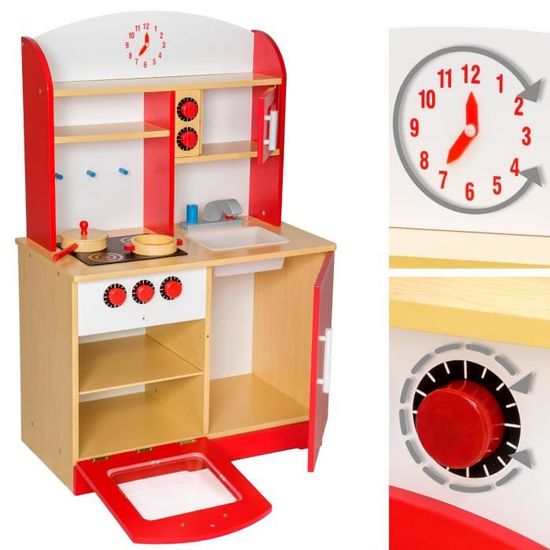 Tectake Cuisine Pour Enfant Dinette En Bois Jouet 60 Cm X 30 Cm X 91 Cm Rouge 2 Poêles