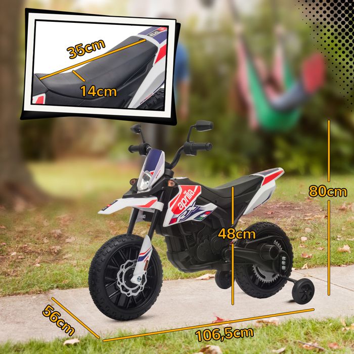 AIYAPLAY Moto Électrique Enfants sous Licence Aprilia 2 Moteurs 12V Blanc | Moto Cross pour Enfant, Vitesse Max. 6 km/h, Roues d'Entraînement, Suspension à Ressort, Lumière LED, Musique, USB AIYAPLAY Moto Électrique Enfants sous Licence Aprilia 2 Moteurs 12V Blanc | Moto Cross pour Enfant, Vitesse Max. 6 km/h, Roues d'Entraînement, Suspension à Ressort, Lumière LED, Musique, USB
