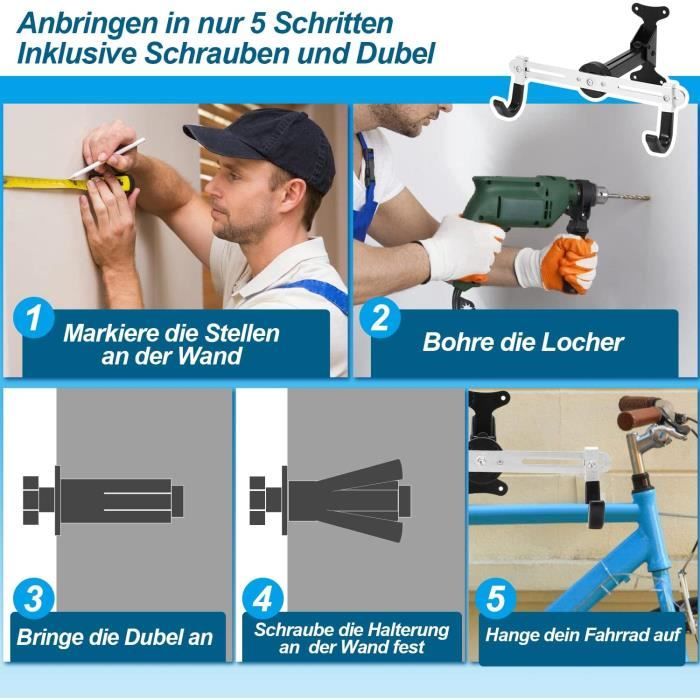 Support Mural Pliable Pour Vélo, Angle De 360° Et Distance Au Mur Réglable Avec Protection De Cadre, Charge 30 Kg, Pour Garage - Sport