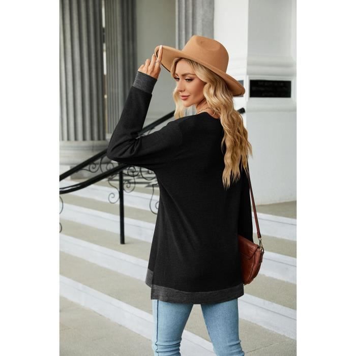 Blouse a Manches Longues Femme Chic T Shirts Elegant Col en V Chemisier Casual Tops Mode Couleur Unie Hauts Tunique Noir Noir Cdiscount Pret a Porter