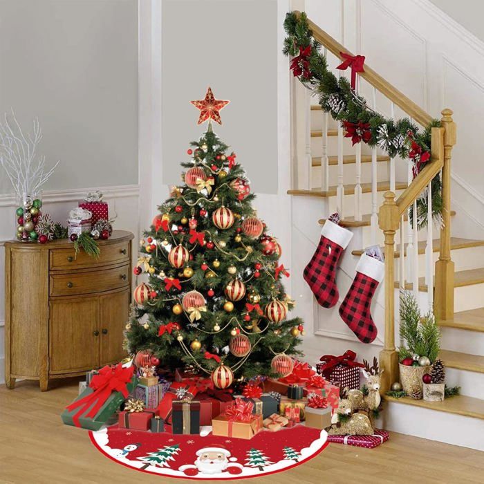 Jupe De Sapin De Noël 90 Cm - Tissu Rouge Et Blanc Motif Tourbillon, Décoration Festive Pour Base D'arbre - 5