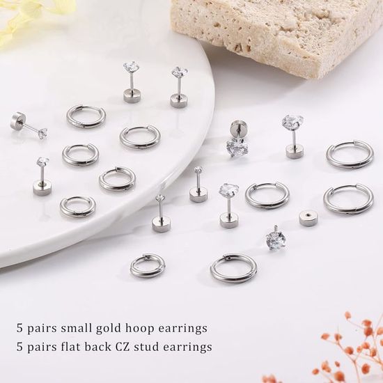Pack De 10 Paires De Boucles D'oreilles En Acier Chirurgical - Dorées & Argentées - Pour Cartilage, Tragus, Conch - Idéal Pour Oreilles Sensibles