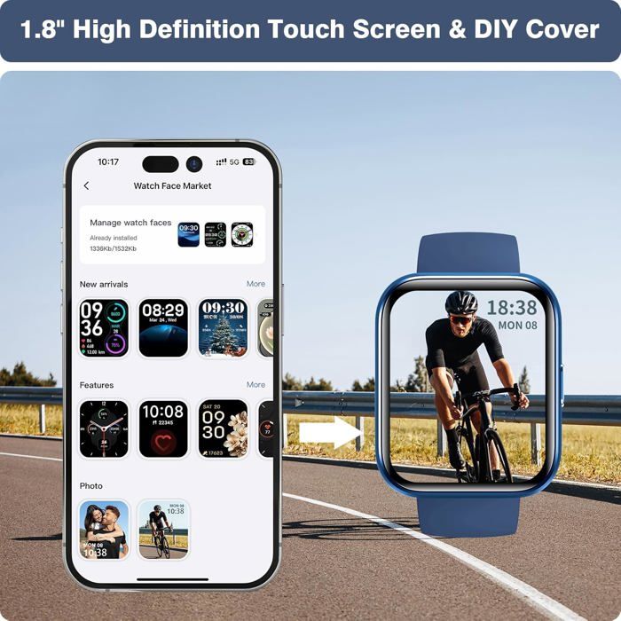 Montre Connectée Homme Femme - Écran 1.84" Full Touch - Appels Bluetooth - 100 Modes Sport - Suivi Santé & Menstruel - Compatible Android IOS - 7