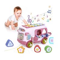 Jouet Bébé Bus avec , Cadeau éducatifs Interactifs pour Petite Enfance, Jouets d'activité Bébé Rampant avec Cube pour Bébé,  (Rose)