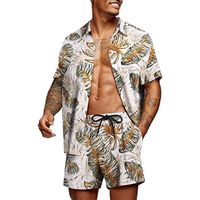 Ensemble Survêtements Hawaiian Imprimé Homme Été T-Shirt à Manche Courte et Shorts 2 pièces Plage Casual Sportswear blanc-C