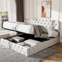 Lit coffre adulte 140 x 200 cm avec sommier, Tête de lit réglable, Motif litchi, Cuir synthétique, Style scandinave, Blanc
