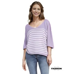 PULL Pull femme rayé - Pull col en V - Manches 3/4 - Couleur violet