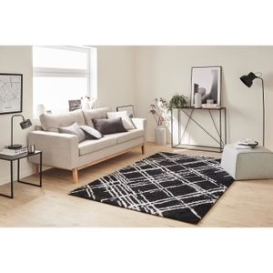 TAPIS DE SOL Tapis salon - motif géométrique - 668 Noir - poil long- OSLO - 80x300cm - 100% Polyester