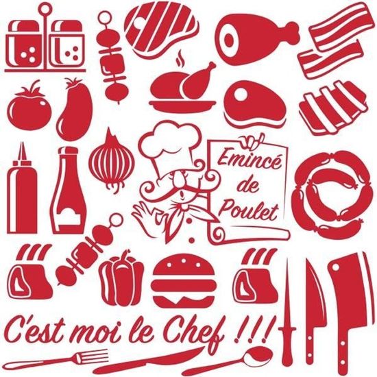 Sticker Planche Cuisine du Chef Aliments, Ustensiles (30x30 cm) ROUGE
