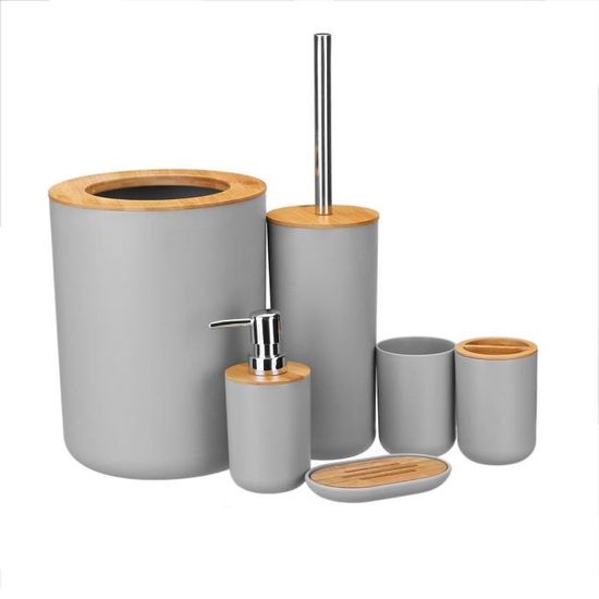 Accessoires salle de bai,6 pièces poubelle brosse de toilette bambou porte savon distributeur de savon bain de - Type Gris foncé