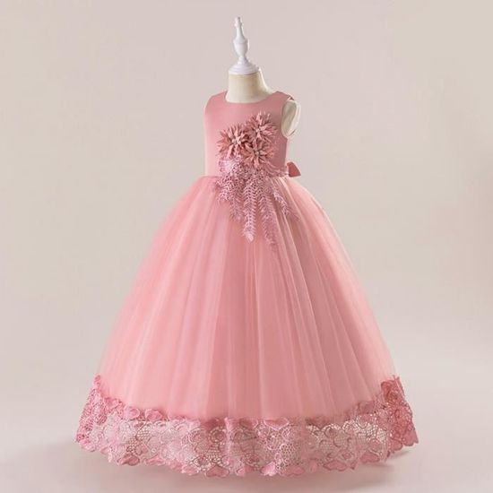 Robe De Princesse Longue Fille Sans Manches Robe De Mariage Ceremonie En Tulle Avec Ceinture