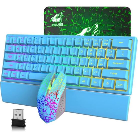 Combo Clavier Souris Sans Fil 2,4 GHz - Clavier Mécanique 87 Touches Rétroéclairé Arc-en-ciel + Souris Gaming 2400 DPI