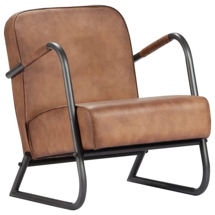 Fauteuil chaise siège lounge design club sofa salon de repos marron clair cuir véritable 1102296