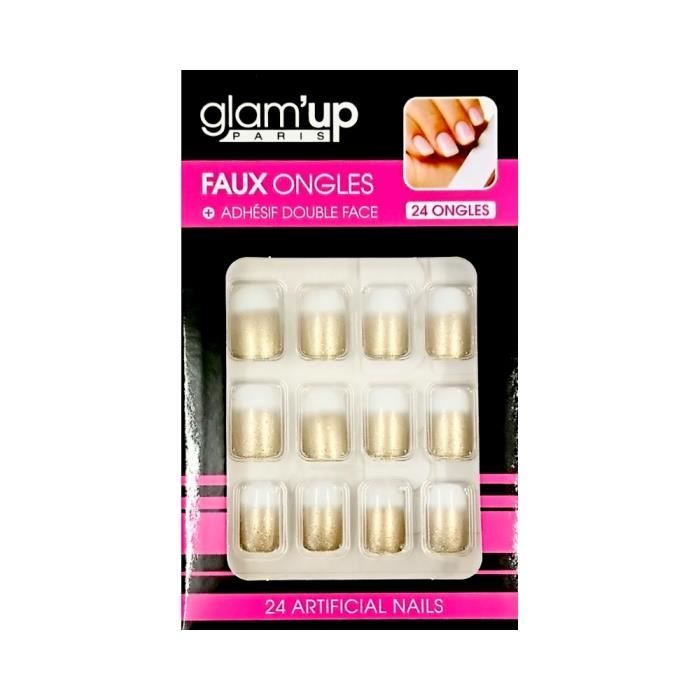 GLAM UP - Faux Ongles + Adhesifs - Blanc Degrade Dore Paillete