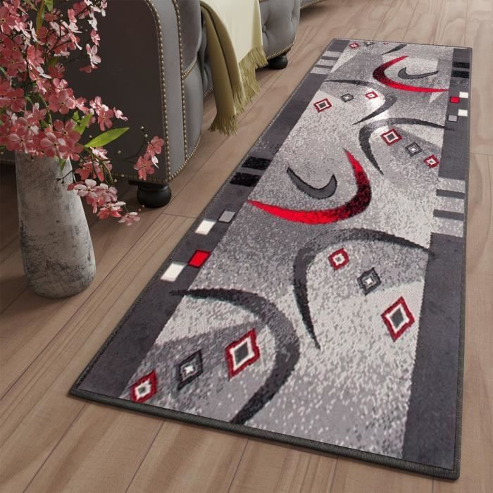 TAPISO Dream Tapis de Passage Moderne Géométrique Gris Rouge Blanc Fin 60 x 200 cm